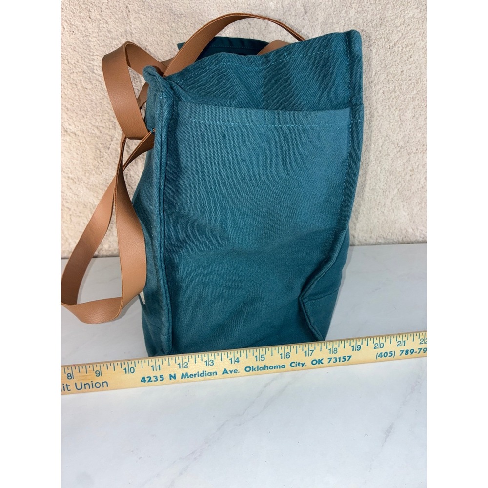 FEED Teal Canvas Tote Bag - Large - Faux Leather Straps Pockets Boho Eco Bag - Picture 5 of 10